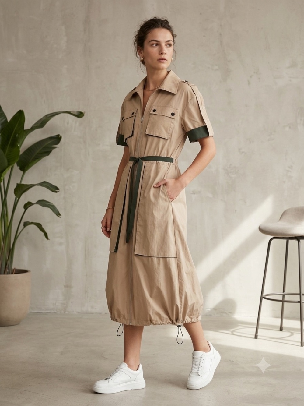 Fashion Nova Beige Midi Shirt Dress with Dark Green Trim